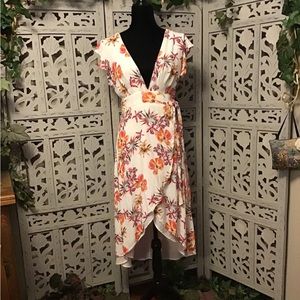 ADELYN RAE PRETTY OFF WHITE WITH MULTICOLOR FLOWERS WRAP AROUND MIDI DRESS